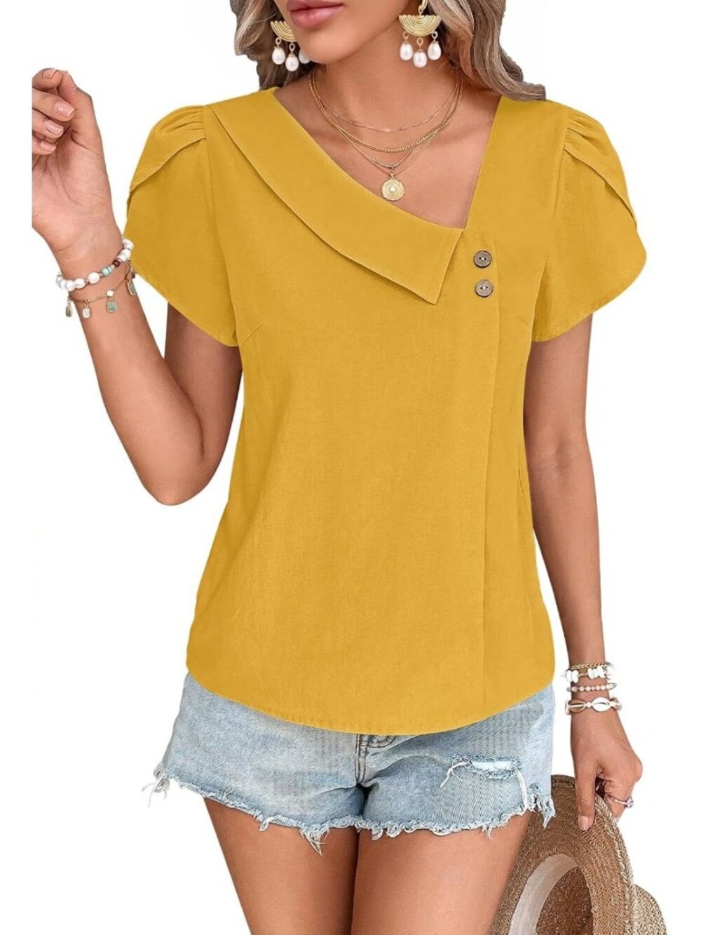 Chic Women's Summer Tops - Dressy Casual Asymmetric Neck Blouses for Work